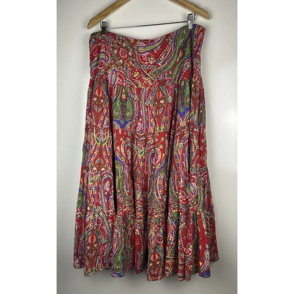 Lauren by Ralph Lauren Red Paisley Tiered Midi Maxi Full Length Skirt Size Large - Picture 2 of 9